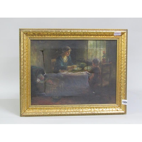 1004 - 19c - MOTHER AND CHILD AT A TABLE WITH BABY IN CRIB, SIGNED INDISTINCTLY .  OIL ON CANVAS FRAMED 30 ... 