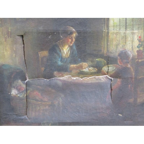 1004 - 19c - MOTHER AND CHILD AT A TABLE WITH BABY IN CRIB, SIGNED INDISTINCTLY .  OIL ON CANVAS FRAMED 30 ... 