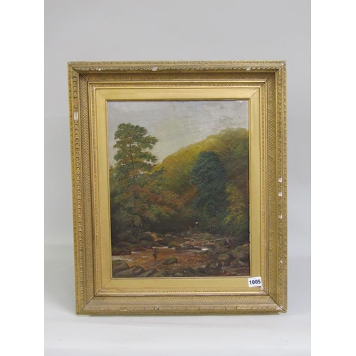 1005 - 19c W S THOMAS - FISHERMAN AT A POOL IN A ROCKY RIVERBED, OIL ON CANVAS.  FRAMED 41 x 32 cms