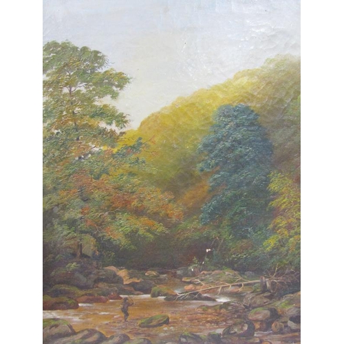 1005 - 19c W S THOMAS - FISHERMAN AT A POOL IN A ROCKY RIVERBED, OIL ON CANVAS.  FRAMED 41 x 32 cms