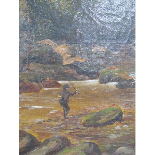 1005 - 19c W S THOMAS - FISHERMAN AT A POOL IN A ROCKY RIVERBED, OIL ON CANVAS.  FRAMED 41 x 32 cms