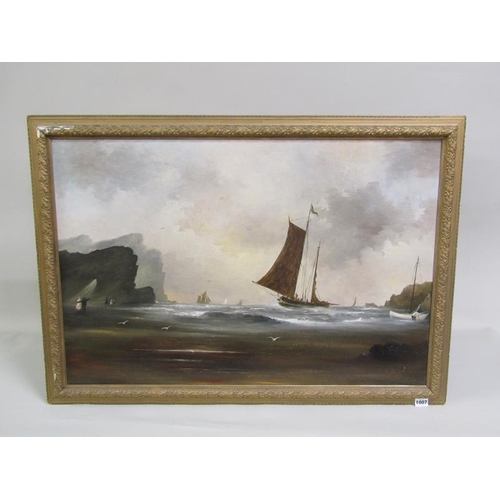 1007 - D HEWITT - INSHORE FISHING VESSELS, OIL ON CANVAS.  SIGNED, FRAMED 58 x 85cms