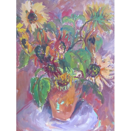 1008 - OLIVE VAN KLAVEREN - HELIANTHUS, OIL ON CANVAS.  FRAMED 71 x 60cms