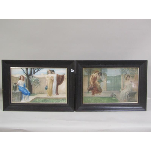 1010 - E VEITH - PAIR OF COLOURED PRINTS, CLASSICAL LADIES IN GARDEN SETTINGS.  EACH FRAMED 34 x 53 cms