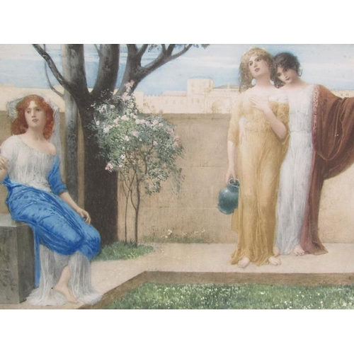 1010 - E VEITH - PAIR OF COLOURED PRINTS, CLASSICAL LADIES IN GARDEN SETTINGS.  EACH FRAMED 34 x 53 cms