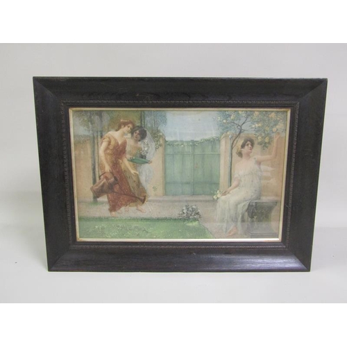 1010 - E VEITH - PAIR OF COLOURED PRINTS, CLASSICAL LADIES IN GARDEN SETTINGS.  EACH FRAMED 34 x 53 cms