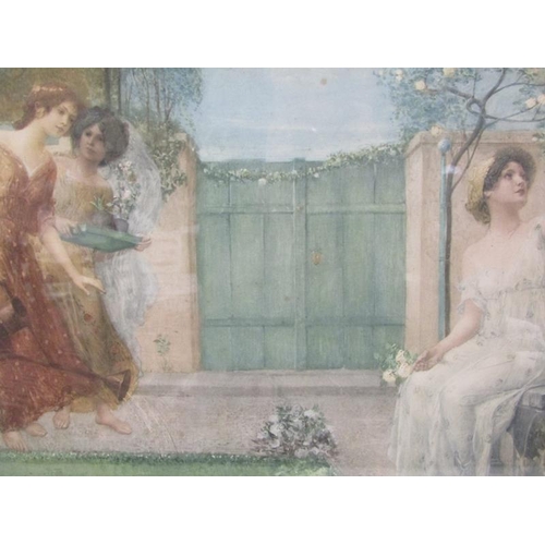 1010 - E VEITH - PAIR OF COLOURED PRINTS, CLASSICAL LADIES IN GARDEN SETTINGS.  EACH FRAMED 34 x 53 cms