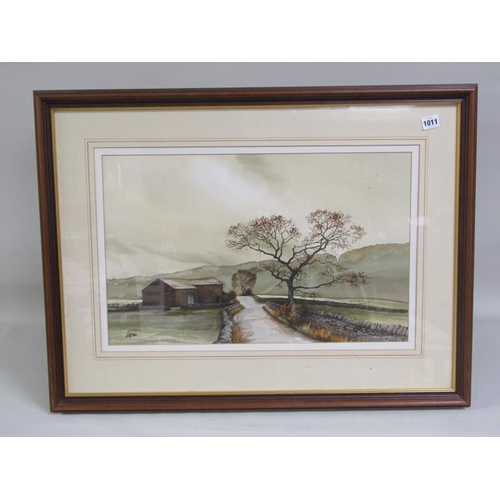 1011 - LOGAN - STONE SHED IN WINTER LANDSCAPE, SIGNED WATERCOLOUR.  F/G 37 x 57 cms