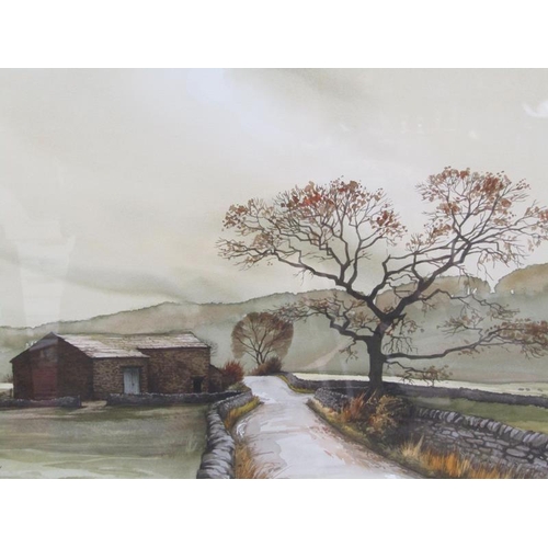 1011 - LOGAN - STONE SHED IN WINTER LANDSCAPE, SIGNED WATERCOLOUR.  F/G 37 x 57 cms