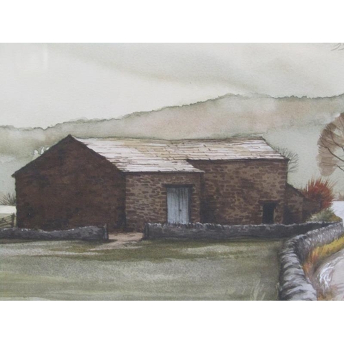 1011 - LOGAN - STONE SHED IN WINTER LANDSCAPE, SIGNED WATERCOLOUR.  F/G 37 x 57 cms