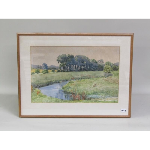 1012 - MONO RS '83 - A MEANDERING WATERWAY IN A RURAL SETTING.  WATERCOLOUR F/G 33 x 49 cms