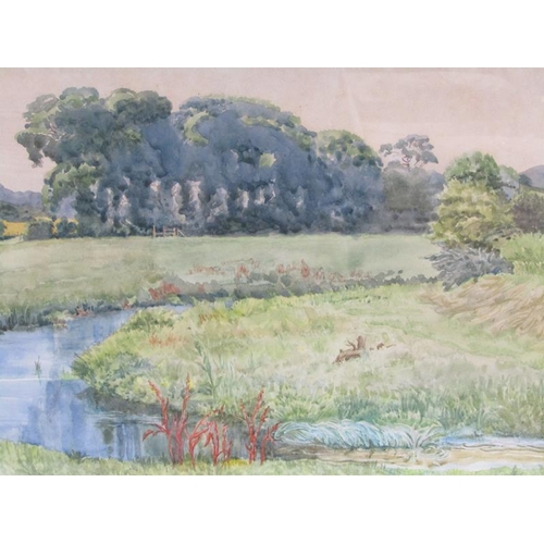 1012 - MONO RS '83 - A MEANDERING WATERWAY IN A RURAL SETTING.  WATERCOLOUR F/G 33 x 49 cms