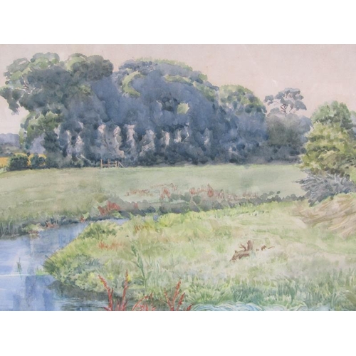 1012 - MONO RS '83 - A MEANDERING WATERWAY IN A RURAL SETTING.  WATERCOLOUR F/G 33 x 49 cms