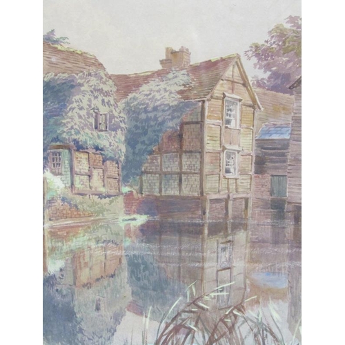 1013 - H E STACY - MILLPOND WITH ADJOINING TUDOR BUILDINGS, WATERCOLOUR.  F/G 28 x 21cms