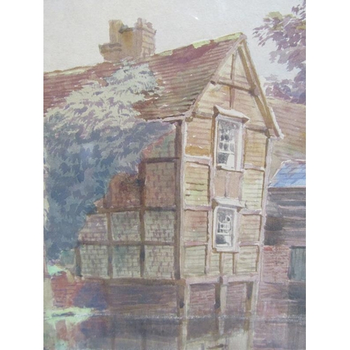 1013 - H E STACY - MILLPOND WITH ADJOINING TUDOR BUILDINGS, WATERCOLOUR.  F/G 28 x 21cms