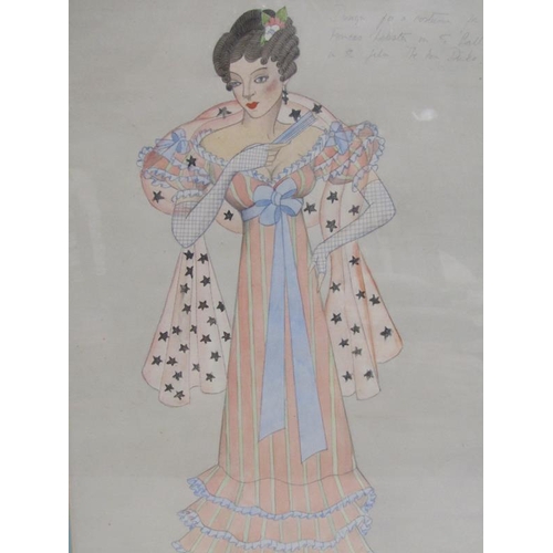 1014 - RUTH WOODBRIDGE - TWO WATERCOLOUR AND PENCIL SKETCHES, DESIGN FOR A COSTUME FOR LADY FRANCIS WEBSTER... 