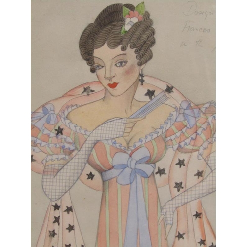 1014 - RUTH WOODBRIDGE - TWO WATERCOLOUR AND PENCIL SKETCHES, DESIGN FOR A COSTUME FOR LADY FRANCIS WEBSTER... 