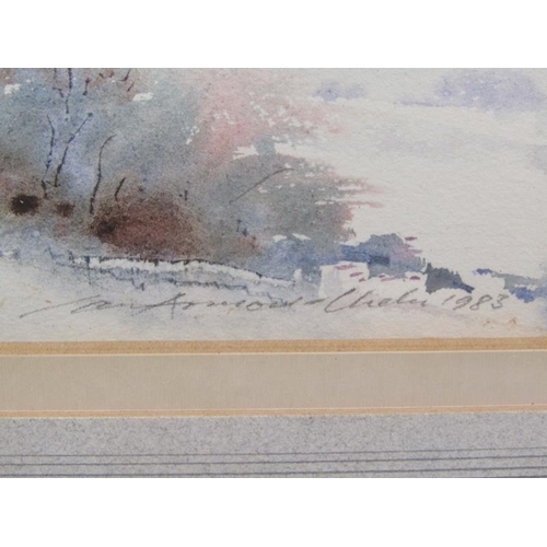 1015 - IAN ARMOUR-CHELU - WINTER SUN BREAKING THROUGH.  WATERCOLOUR, F/G 21 x 28cms