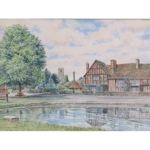 1016 - JOHN CHALKLEY - ALDBURY VILLAGE POND, SIGNED.  F/G 34 x 52 cms