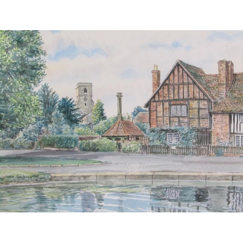 1016 - JOHN CHALKLEY - ALDBURY VILLAGE POND, SIGNED.  F/G 34 x 52 cms