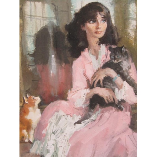 1017 - WILLIAM FRANCIS MARSHALL 1901-1980 MONO FM, LADY SEATED WITH HER CATS.  F/G WATERCOLOUR 28 x 28 cms