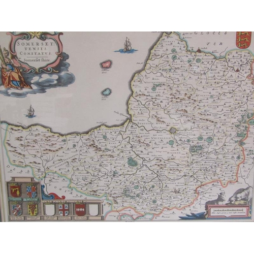 1020 - FIVE COLOURED REPRINT MAPS, JOANNE BLAEU, SOMERSET, ENGLAND, SURREY, SUSSEX AND CUBA WITH SOUTHERN A... 