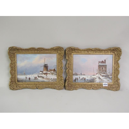 1024 - JAN VAN HOCK - PAIR OF DUTCH WINTER SCAPES WITH SKATING ON THE RIVER, SIGNED OIL ON PANEL.  FRAMED 1... 