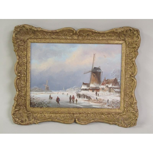 1024 - JAN VAN HOCK - PAIR OF DUTCH WINTER SCAPES WITH SKATING ON THE RIVER, SIGNED OIL ON PANEL.  FRAMED 1... 