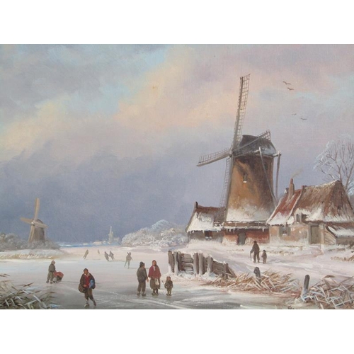 1024 - JAN VAN HOCK - PAIR OF DUTCH WINTER SCAPES WITH SKATING ON THE RIVER, SIGNED OIL ON PANEL.  FRAMED 1... 