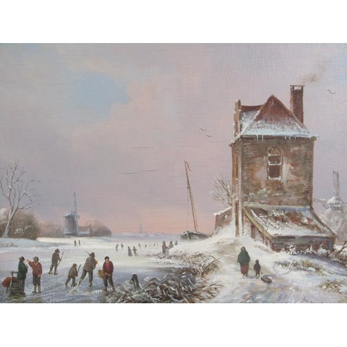 1024 - JAN VAN HOCK - PAIR OF DUTCH WINTER SCAPES WITH SKATING ON THE RIVER, SIGNED OIL ON PANEL.  FRAMED 1... 