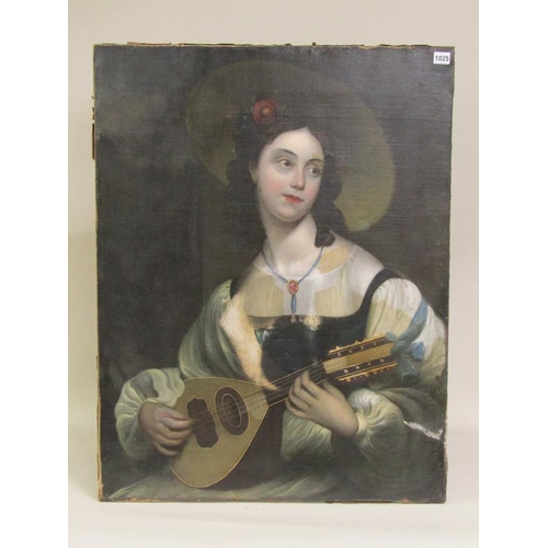 1025 - UNSIGNED 19c LADY PLAYING MANDOLIN, OIL ON CANVAS.  UNFRAMED 91 x 70cms A/F