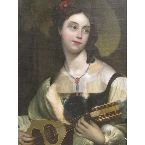 1025 - UNSIGNED 19c LADY PLAYING MANDOLIN, OIL ON CANVAS.  UNFRAMED 91 x 70cms A/F