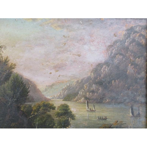 1027 - TWO OIL PAINTINGS, ONE ON CANVAS, THE OTHER ON BOARD, BOTH ON A RIVER AND A HOMESTEAD WITH PINE TREE... 