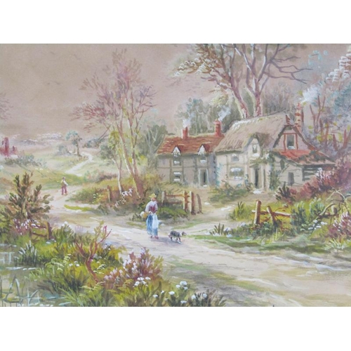 1028 - F HEATON - FIGURES ON A ROADWAY OUTSIDE COTTAGES, SIGNED.  WATERCOLOUR, F/G