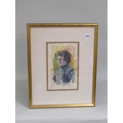 1029 - UNSIGNED PORTRAIT OF YOUNG BOY, WATERCOLOUR.  F/G 34 x 21 cms