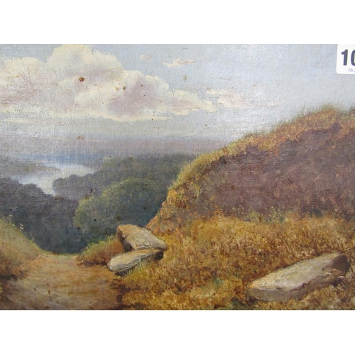 1031 - UNSIGNED - A HIGHLAND SETTING WITH DISTANT RIVER AND ROCKS IN THE FOREGROUND, OIL ON CANVAS.  FRAMED... 