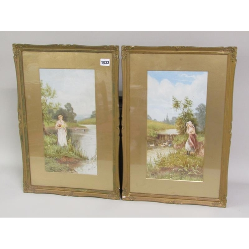 1032 - J BARCLEY - PAIR OF LADIES ON RIVERBANKS, SIGNED.  WATERCOLOURS F/G 38 x 19 cms