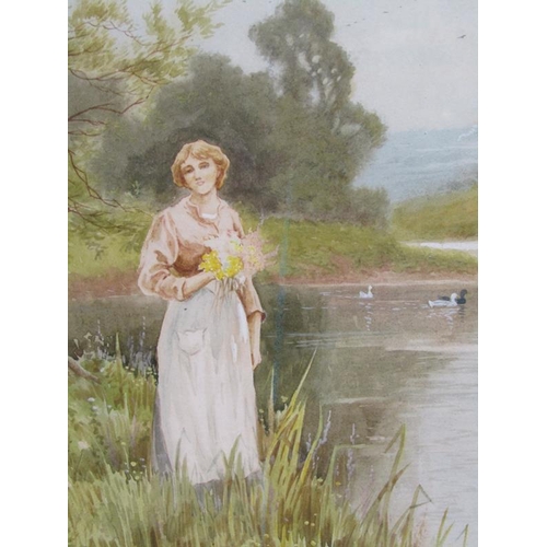 1032 - J BARCLEY - PAIR OF LADIES ON RIVERBANKS, SIGNED.  WATERCOLOURS F/G 38 x 19 cms