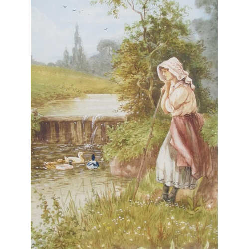 1032 - J BARCLEY - PAIR OF LADIES ON RIVERBANKS, SIGNED.  WATERCOLOURS F/G 38 x 19 cms