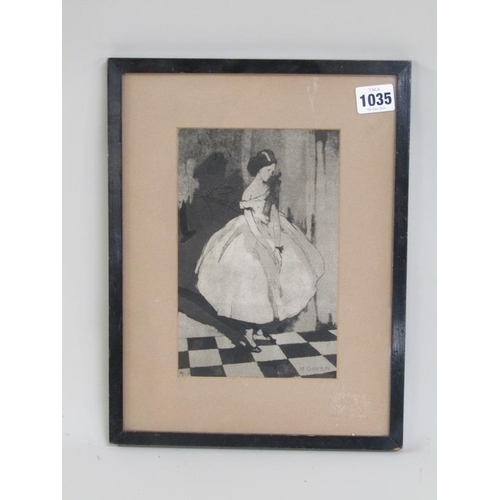 1035 - MADELINE GREEN - BLACK AND WHITE ETCHING GIRL IN BALLGOWN. F/G 21 x 14cms