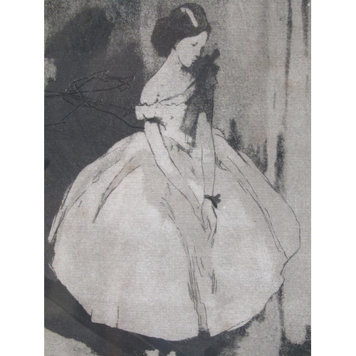 1035 - MADELINE GREEN - BLACK AND WHITE ETCHING GIRL IN BALLGOWN. F/G 21 x 14cms