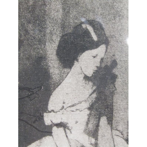 1035 - MADELINE GREEN - BLACK AND WHITE ETCHING GIRL IN BALLGOWN. F/G 21 x 14cms