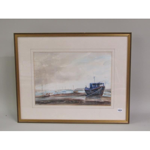 1037 - D L MASSEY - BEACHED FISHING BOATS, WATERCOLOUR.  SIGNED F/G 35 x 49 cms