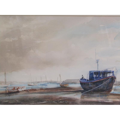 1037 - D L MASSEY - BEACHED FISHING BOATS, WATERCOLOUR.  SIGNED F/G 35 x 49 cms