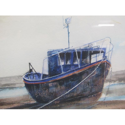 1037 - D L MASSEY - BEACHED FISHING BOATS, WATERCOLOUR.  SIGNED F/G 35 x 49 cms