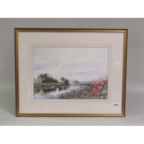 1040 - D L MASSEY - POPPIES ON RIVERBANK.  WATERCOLOUR.  SIGNED F/G 35 x 49cms