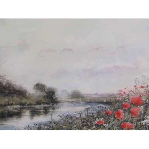 1040 - D L MASSEY - POPPIES ON RIVERBANK.  WATERCOLOUR.  SIGNED F/G 35 x 49cms