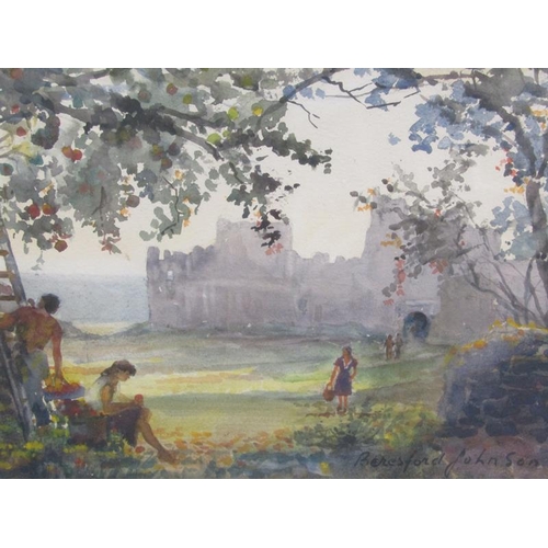 1044 - BERESFORD JOHNSON - FRUIT PICKING.  WATERCOLOUR, F/G 25 x 37 cms