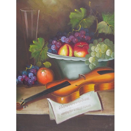 1052 - SIGNED INDISTINCTLY, THE VIOLIN AND THE FRUIT.  OIL ON CANVAS, FRAMED 63 x 46 cms