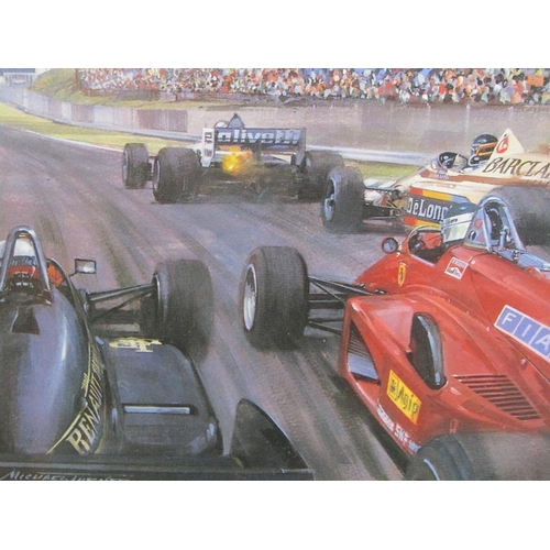 1054 - MICHAEL TURNER - SERIES OF SIX F/G COLOURED PRINTS RELATED TO MOTOR RACING, EACH APPX 15 x 12 cms